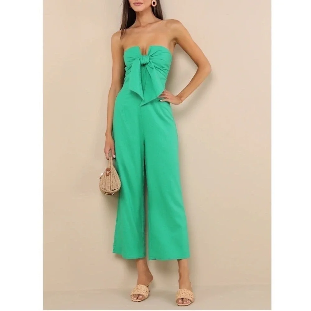 Lulus Sunshine Aura Strapless Jumpsuit Womens XL Green Lined Linen Tie-Front